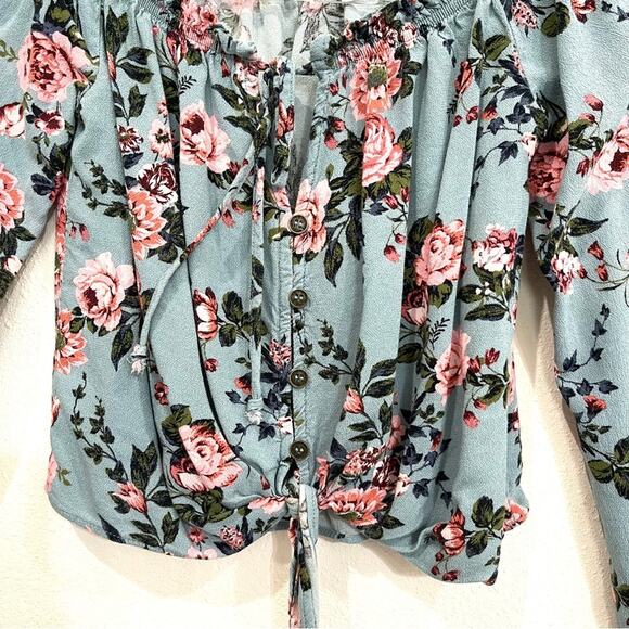 Jolt Dusty Blue w/ Pink Floral Print Off the Shoulder Tie Front Crop Top - XS - Picture 2 of 10